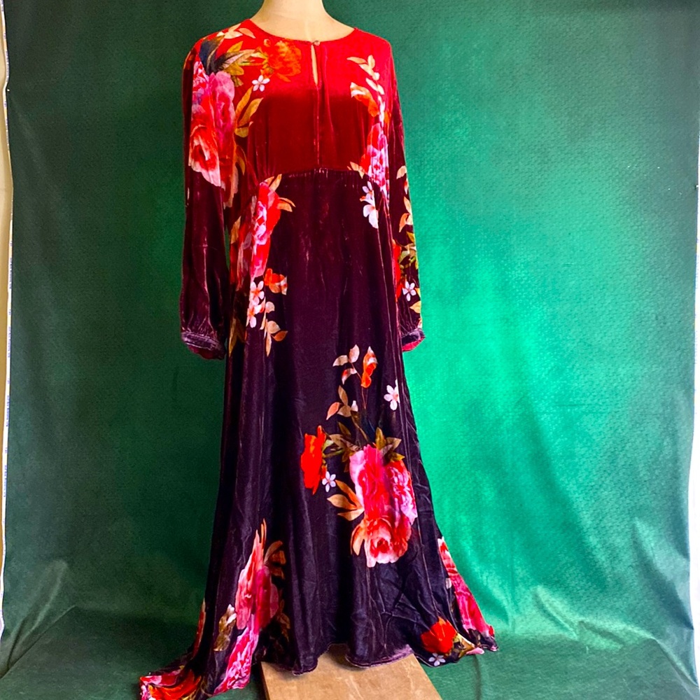 Johnny Wass, red orange plum, velvet midi dress